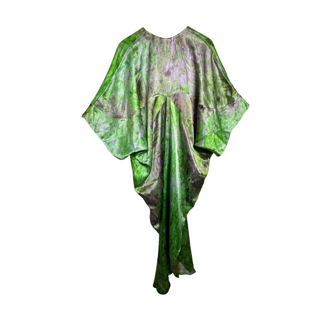 Carmen Molina 100% Silk V-Neck Caftan Maxi Dress Green Purple Abstract Size S/M - Picture 4 of 8